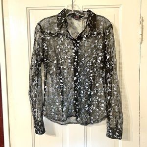 Lace Button Down Shirt with Floral Embroidery